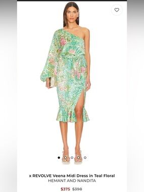 Hemant & Nandita Veena One Shoulder Midi Dress Teal Floral Revolve Large $375